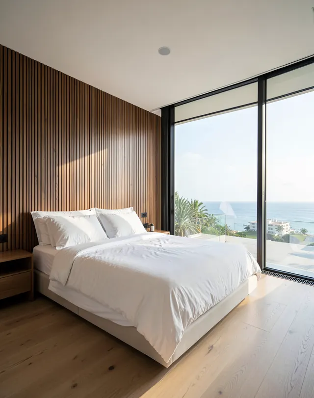 A bedroom with a fluted walnut wall and floor-to-ceiling glass onto the Gulf (illustrative, generated).