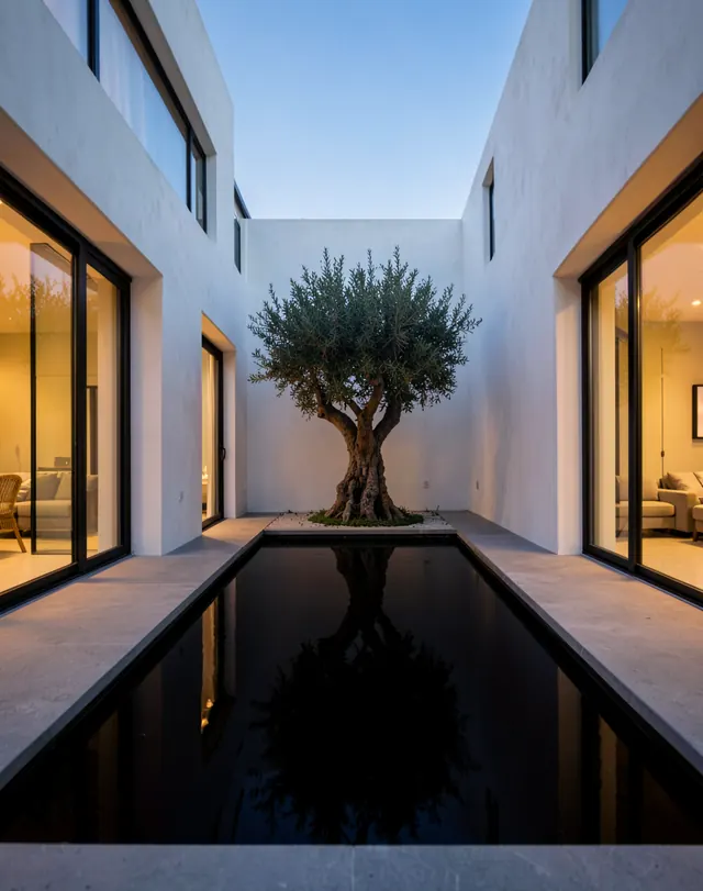 A courtyard with a black reflecting pool and an olive tree at dusk (illustrative, generated).