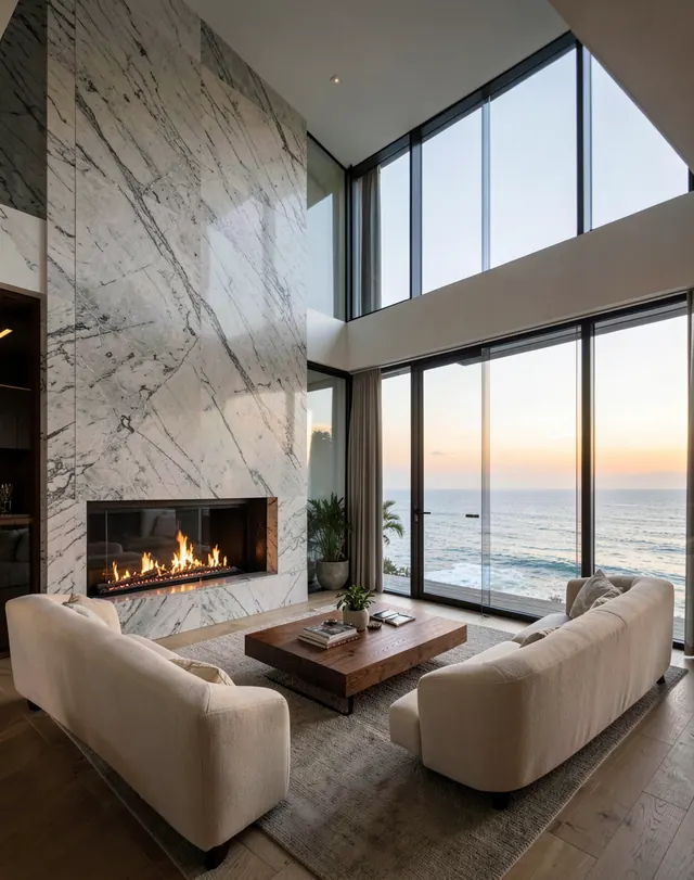 A double-height living room with a marble fireplace wall and the Gulf at sunset (illustrative, generated).